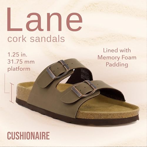 CUSHIONAIRE Lane Cork Footbed Sandals for Women – Comfortable Double Buckle Slip-On with Genuine Suede Footbed & Arch Support Slides for Women Footwear
