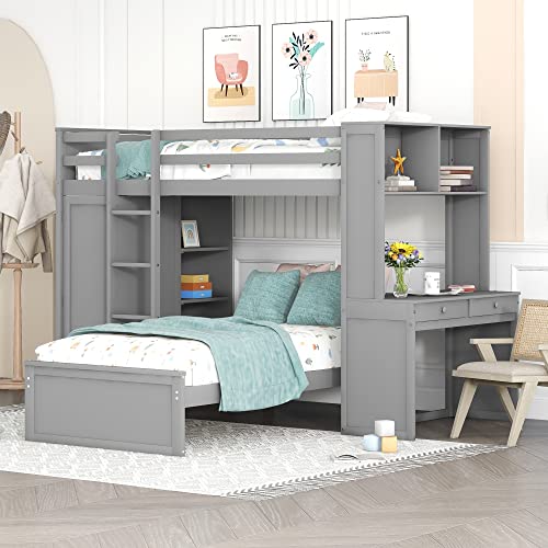 Harper & Bright Designs Full Over Twin Bunk Bed with Desk, Storage, Solid Wood Bunk Bed with Shelves and Wardrobe, Twin Size Loft Bed with a Stand-Alone Bed for Kids Teens Adults - Gray