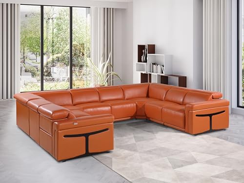 Riccardo 8-Piece Italian Leather U Shaped Sectional Couch with 4-Power Reclining Sofa Seats, Adjustable Headrests, and USB Chargers, Wall Hugger for Small Spaces, Dark Grey