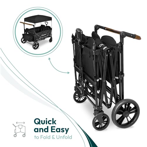 WONDERFOLD X4 Push & Pull Stroller Wagon (4 Seater) - Collapsible Wagon Stroller with Seats with 5-Point Harnesses, Adjustable Push Handle, and Sun Canopy, Navy