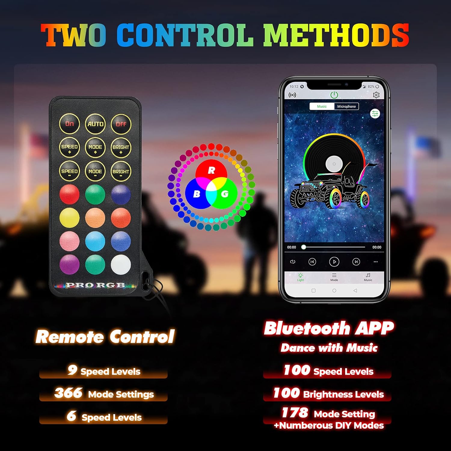 Kemimoto LED Whip Lights for UTV ATV with Bluetooth and USA Flag Pole,366+ Lighting Modes Spiral RGB Chasing Lighted Whips Antenna Compatible with Can-Am RZR Polaris UTV ATV Accessories,2pcs 3ft