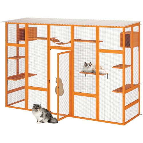 COZIWOW Catio Outdoor Cat Enclosure Window Catios for Indoor Cats Outside Patio Wooden Cattery with Large Door, Walks, Waterproof Roof, Resting Box, 104