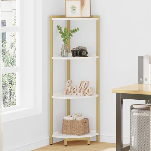 Corner Shelf Stand, Corner Bookshelf, Storage Standing Shelf Unit with Metal Frame, Plant Stand, Corner Bookcase for Living Room, Home Office, Bedroom, 4-Tier White Gold CS05803A