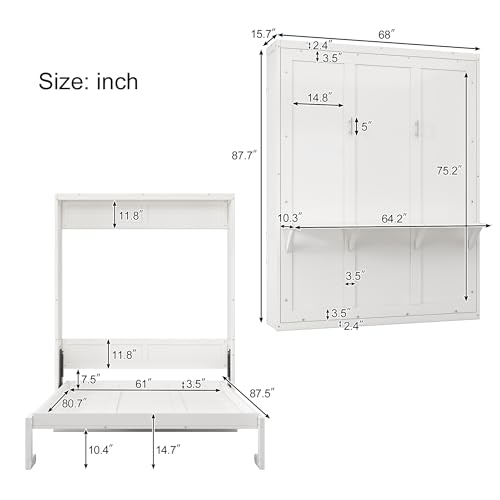 Rophefx Murphy Bed Queen with 2 Side Cabinet Storage Shelves Combo, Queen Wall Bed Cabinet with USB Port, Foldable Platform Bed, Space Saving Bed Frame, Modern Hidden Bed for Guest Room, Home, White