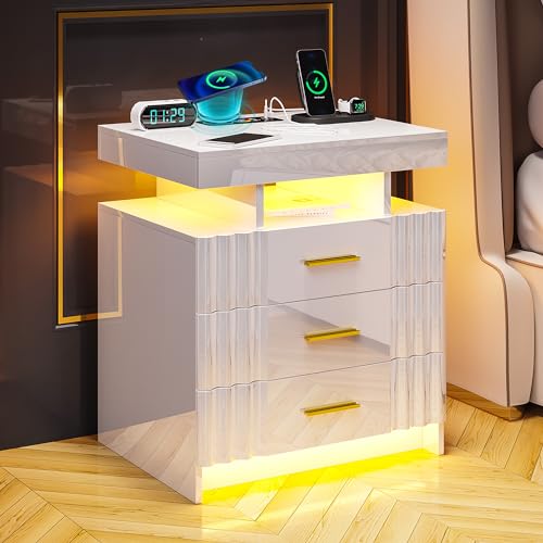 Lvifur Nightstand with Charging Station, Night Stand with Hutch & Storage Drawers, End Table Side Table Bedroom (Black)