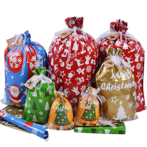 Christmas Gift Bags Assorted Sizes, 22pcs Drawstrings Christmas Bags For Gifts, Presents Wrapping Bags Favor Goody Bags Reusable Plastic Xmas Holiday Gift Bag Bulk Extra Large/Big/Medium/Small Size