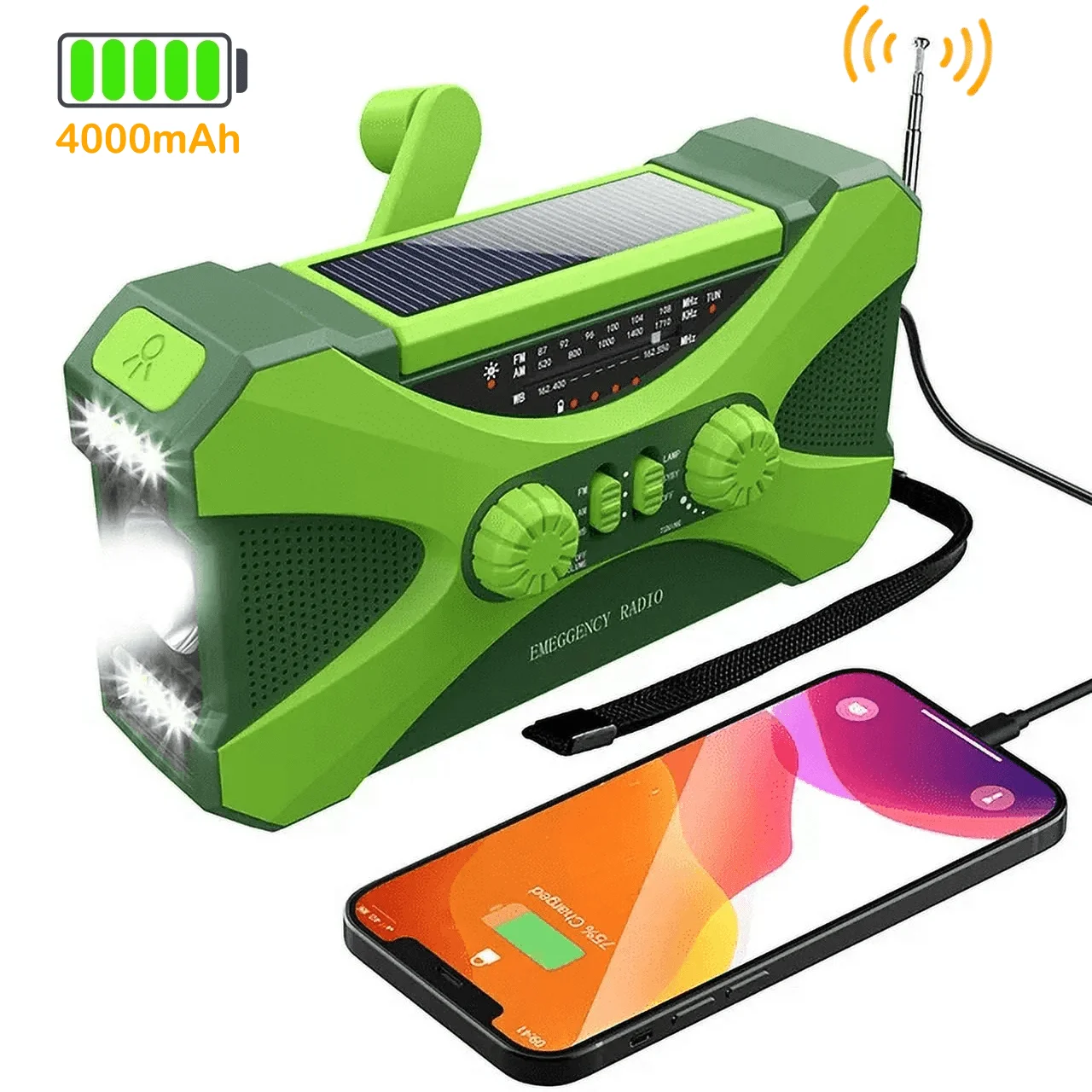 Emergency Weather Radio, AM FM NOAA Hand Crank Emergency Radio, 4000mAh Power Bank for Phone Charger Portable Solar Radio, Weather Alert, Flashlight for Emergency