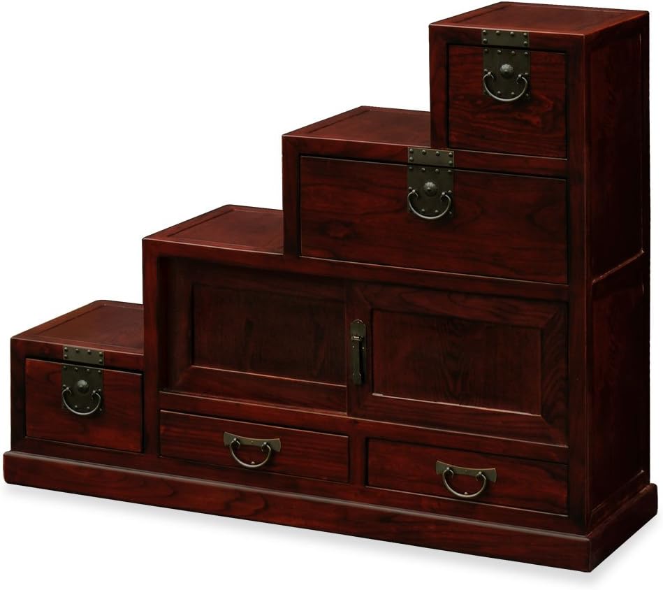 ChinaFurnitureOnline Hand Crafted japanese Style Elmwood Petite Step Tansu Chest - Dark Cherry