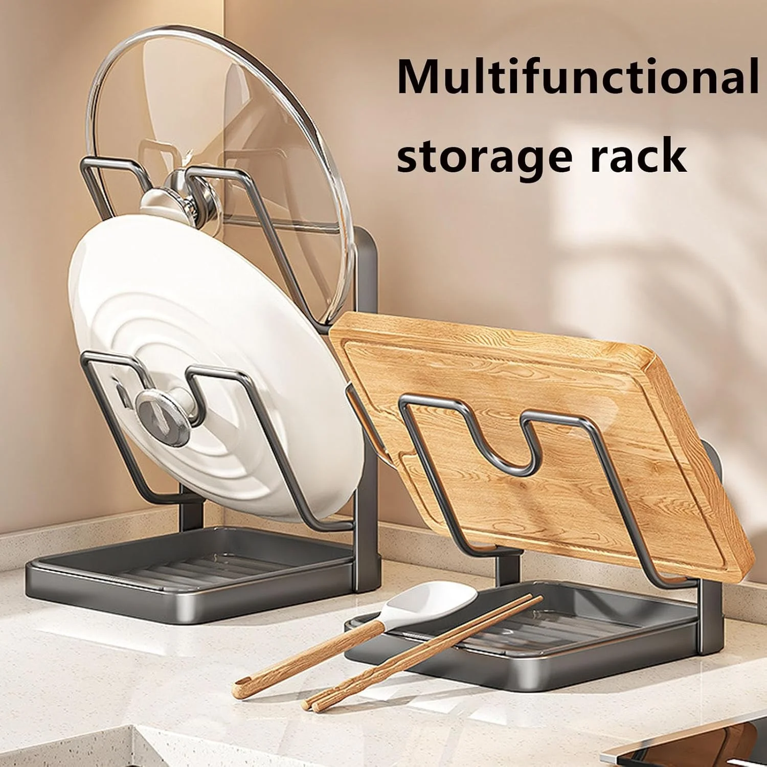 Kitchen Pot Lid Storage Rack, 304 Stainless Steel Pot Lid Holder While Cooking, Multifunctional Kitchen Pot Cover Organizer for Countertop, With Removable Drip Tray