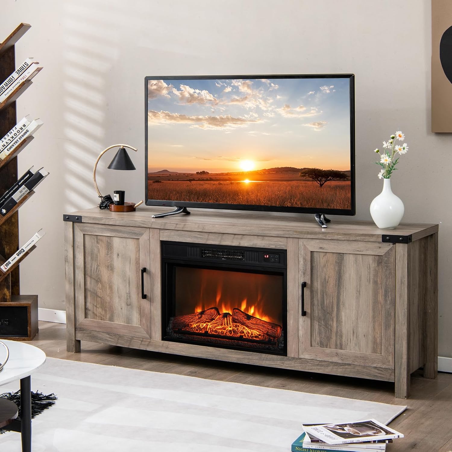 COSTWAY Electric Fireplace TV Stand for TVs up to 70 Inches, Farmhouse Media Entertainment Center Table with Storage Cabinets, Electric Fireplace TV Console with Remote Control for Living Room Bedroom
