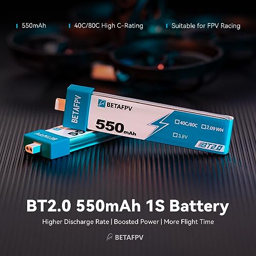 BETAFPV 4pcs BT2.0 550mAh 1S Battery 3.8V 40C/80C Lipo Battery with BT2.0 Connector Compatible for 75-85mm 1S FPV Racing Whoop Drone Quadcopters Like Meteor75 Pro FPV Drone