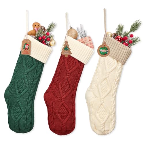 Bone Shaped Dog Christmas Stockings, 3 Pack Cable Knit Xmas Stockings Personalized with Name Tag Hanging Pet Stockings for Dogs Cats