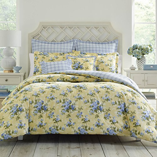 Laura Ashley Cassidy Yellow Comforter Set, King, Includes Bonus Euro Shams & Throw Pillows Lorelei Dark Blue King Sheets, Soft Sateen Cotton Bedding Set, 4 Pieces