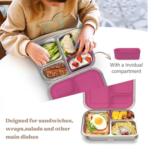 Stainless Steel Bento Box Kids, 3 Compartments Leak Proof Metal Bento Lunch Box, 304 Stainless Steel Bento Lunch Containers for School and Office,Dishwasher Safe, BPA-Free-Pink