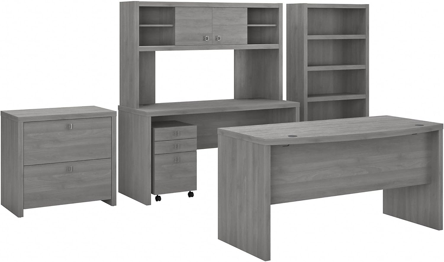 Bush Business Furniture Echo Bow Front Desk, Credenza with Hutch, Bookcase and File Cabinets, Modern Gray