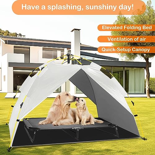 Elevated Raised Dog Bed Cot w/Canopy Shade Tent & Bolster, Fully Assembled, Portable Indoor&Outdoor Chew-Resistance Travel Camping Cooling Pet Bed for Small Medium Dogs,34x26x6