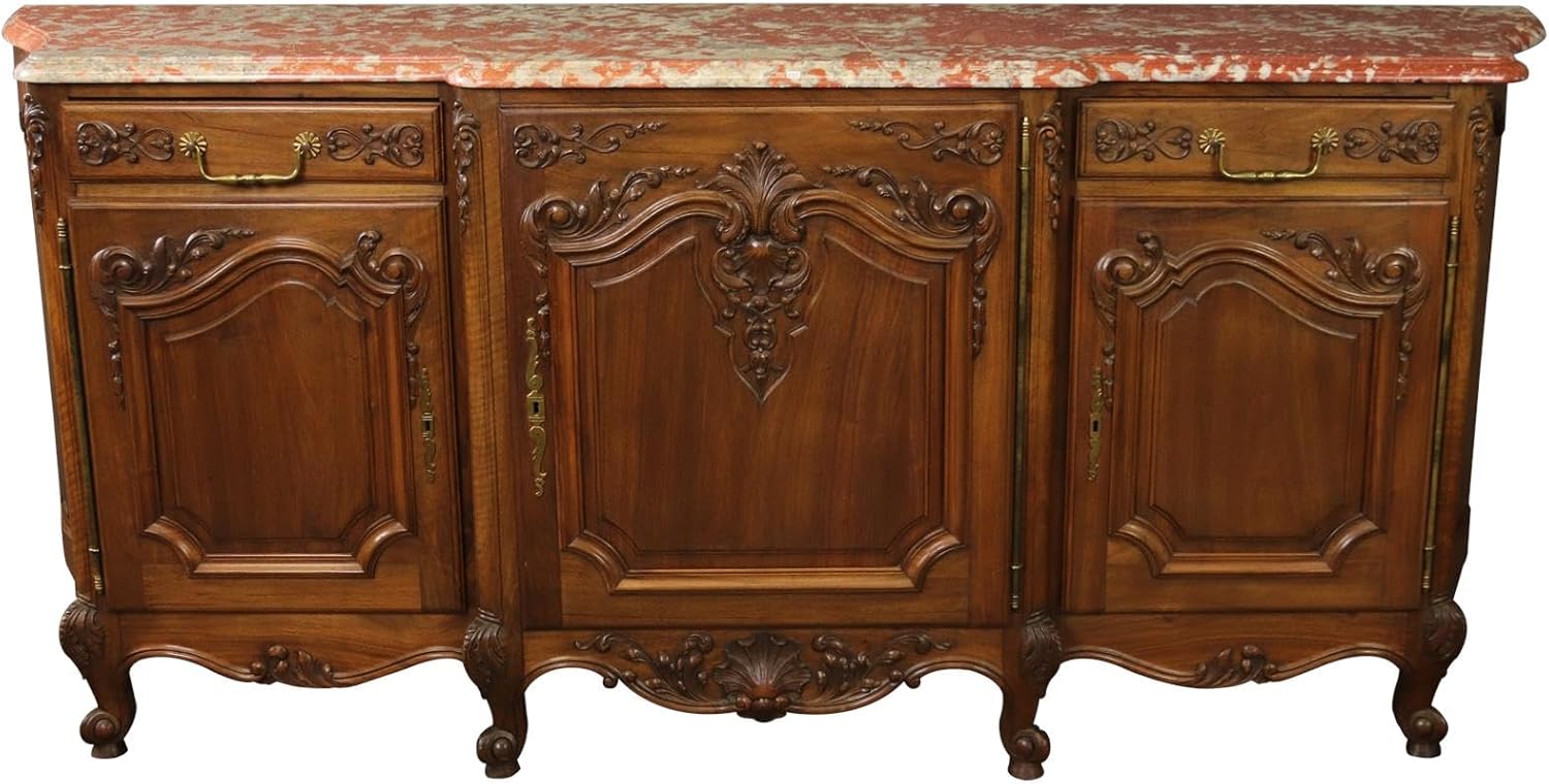 Sideboard Louis XV French Rococo 1920 Carved Walnut Shell, Red Pink Marble Top
