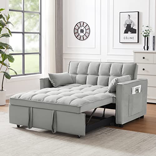 3 in 1 Convertible Sleeper Sofa Bed, Multi-Functional Velvet Sleeper Couch Pull-Out Bed, Loveseat Chaise Lounge with Adjustable Backrest, Two Seat Sofa for Living Room, Small Space, Gray