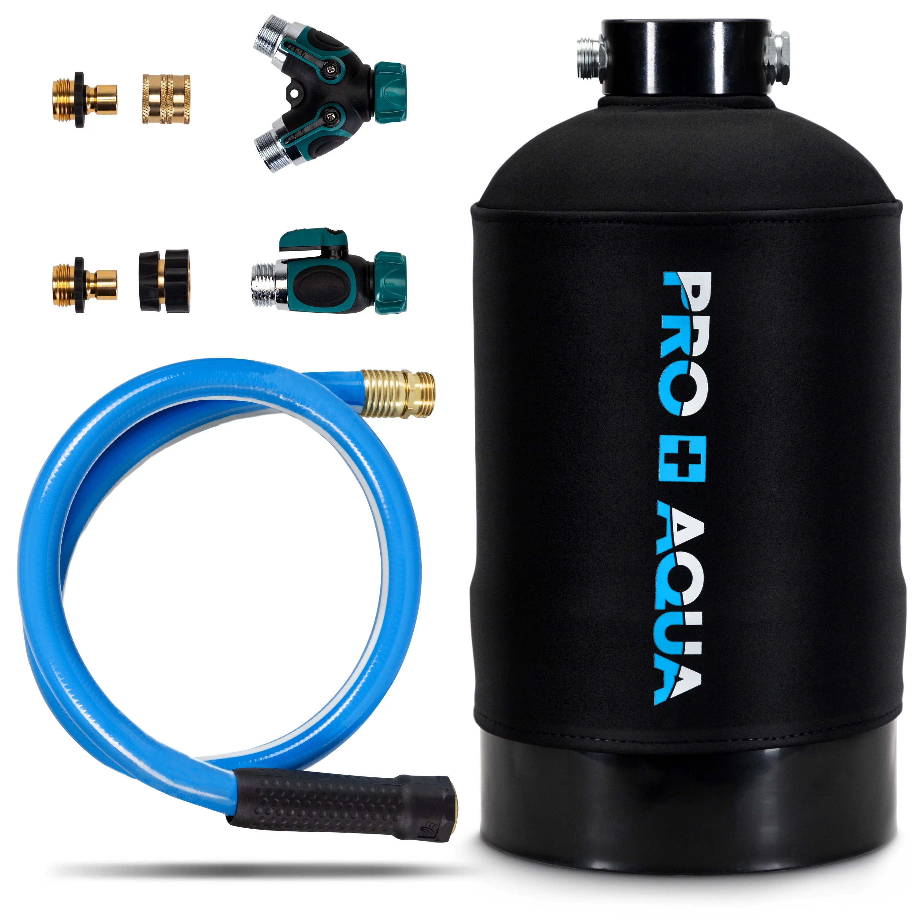 PRO+AQUA Portable RV Water Softener, 16,000 grain, Pre-filled high-capacity resin, Neoprene shield, w/ connectors - Protects RV water systems from hard water deposits, build-up, corrosion, and scale