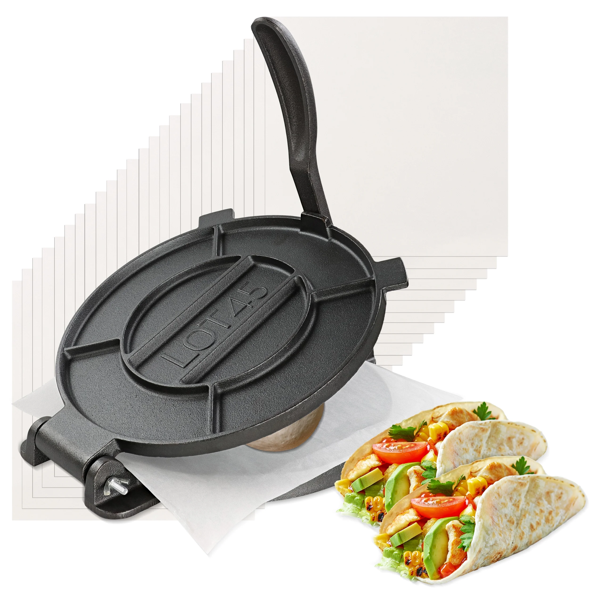 Lot45 Cast Iron Tortilla Press -10in Corn Tortillas Maker with 100 Paper Sheets