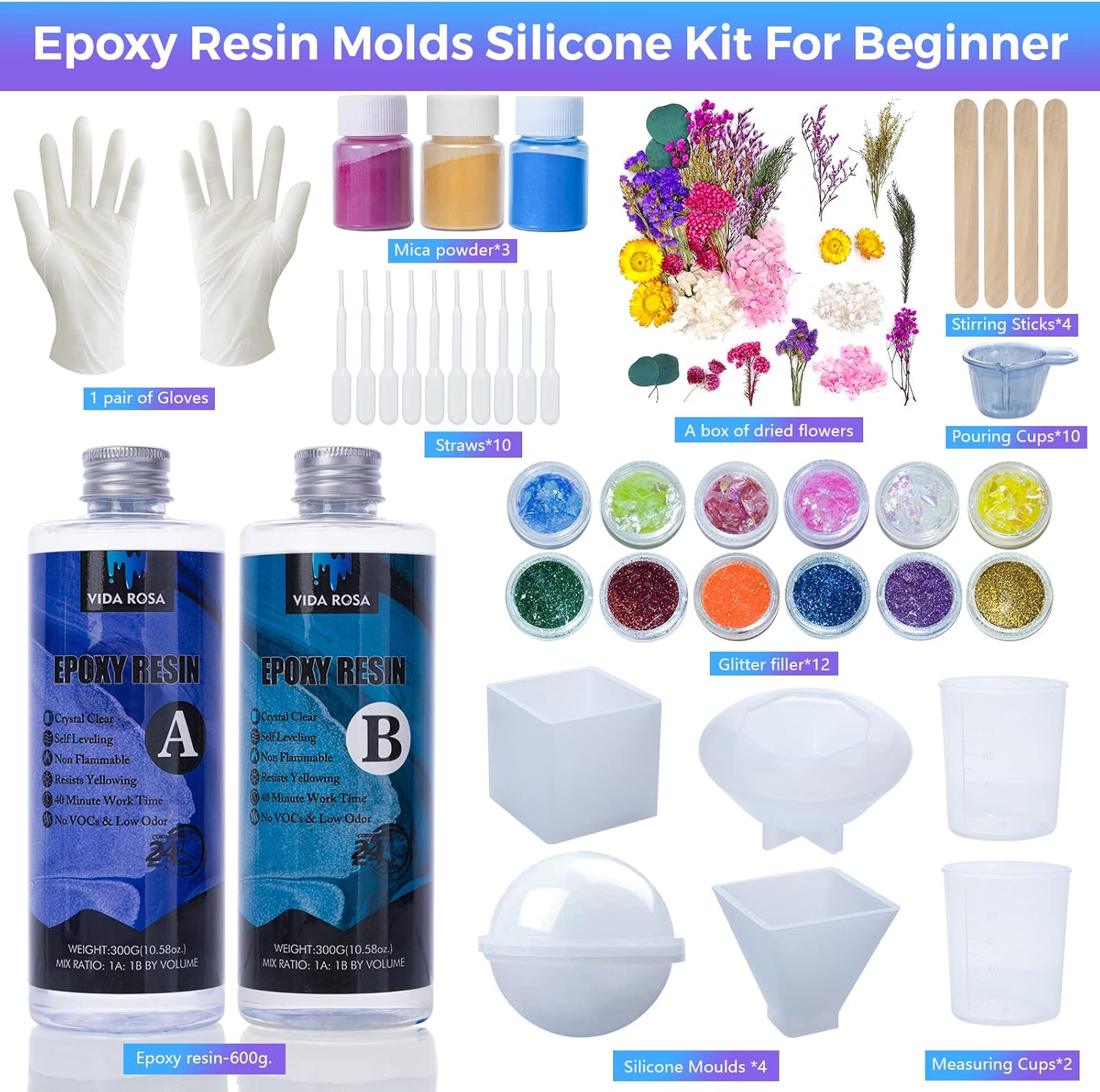 Vida Rosa Epoxy Resin Kits for Beginners with molds,dried flower，600ml/ 21.16oz Crystal Coating for Art, Craft, Jewelry Making, River Tables,2 Gloves, 2 Measuring Cup and 2 Wooden Sticks