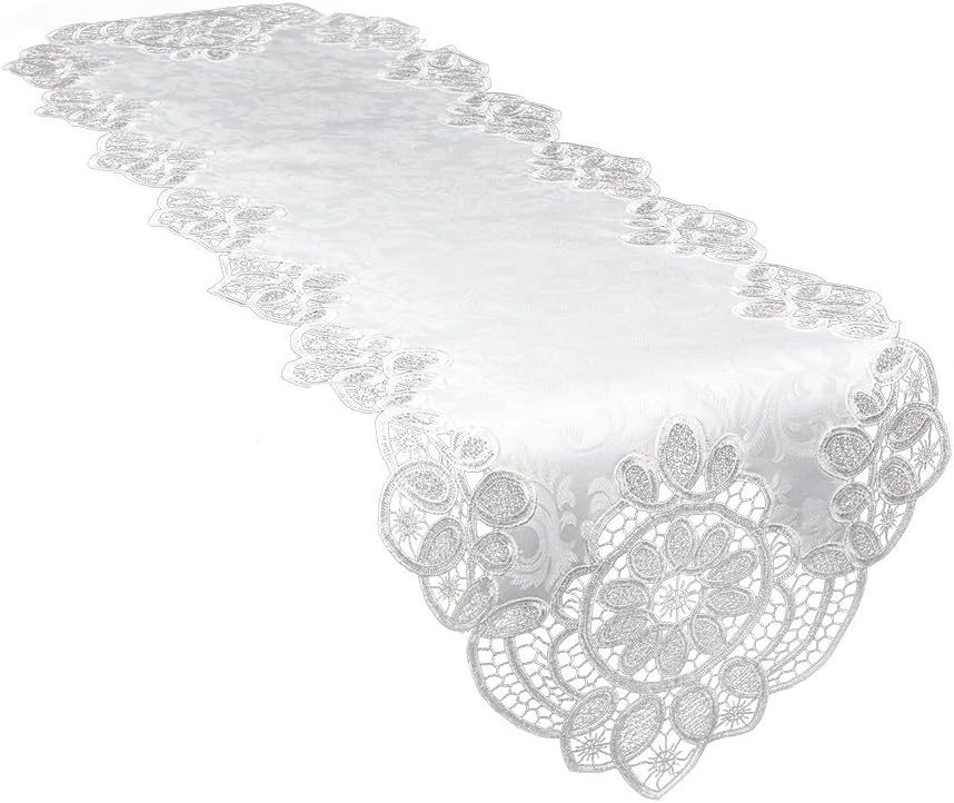 XD17190 Antebella Lace Embroidered Cutwork Table Runner, 15 by 34-Inch, White