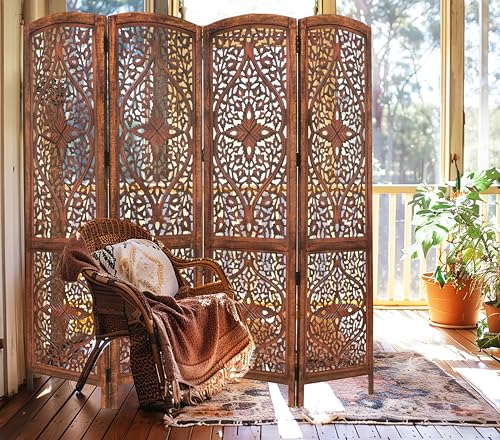 Room Divider Wood Screen - Ghanti Bells Antique Brown - 4 Panel Folding 72 x 80 - Assembled Hand Carved Decorative Functional Versatile Portable Partition Reversible Privacy Boho - COTTON CRAFT