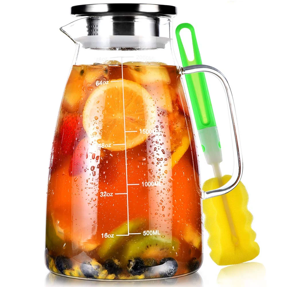 Glass Pitcher, 68oz Water Pitcher with Lid Stainless Steel Iced Tea Pitcher Clear Color