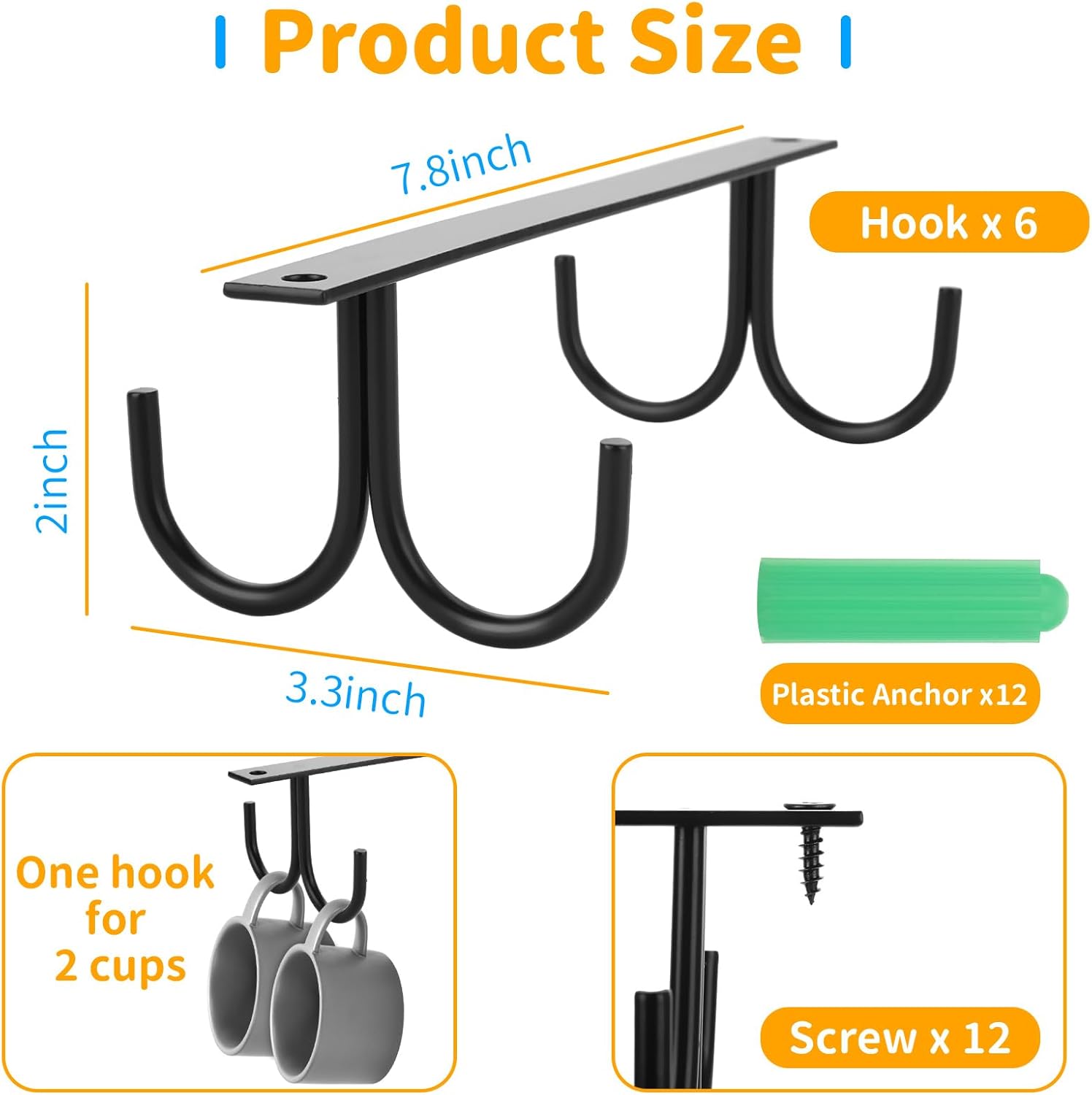 6 Pack Under Cabinet Mug Rack, Cabinet Hook Mug Holder - Hanging Coffee Cup Rack with 24 Hooks, Cup Organizer for Kitchen Cabinets and Storage Handing Coffee Cup Utensils Display, Black