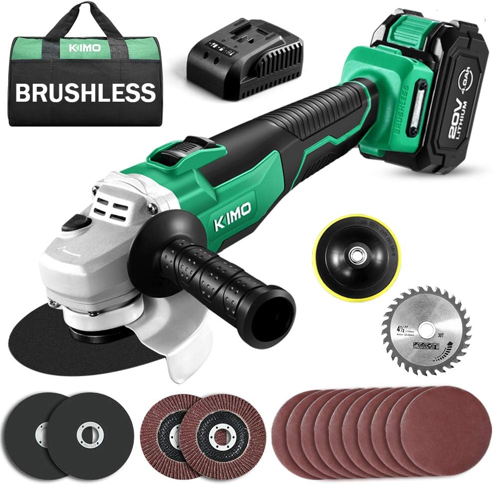 Cordless Grinder - KIMO 20V Cordless Angle Grinder w/ 4.0Ah Li-Ion Battery & Charger, 9000RPM Brushless Motor, 4-1/2'' Blade, Electric Brake, 2-Position Handle, Battery Grinder Tool for Metal Wood