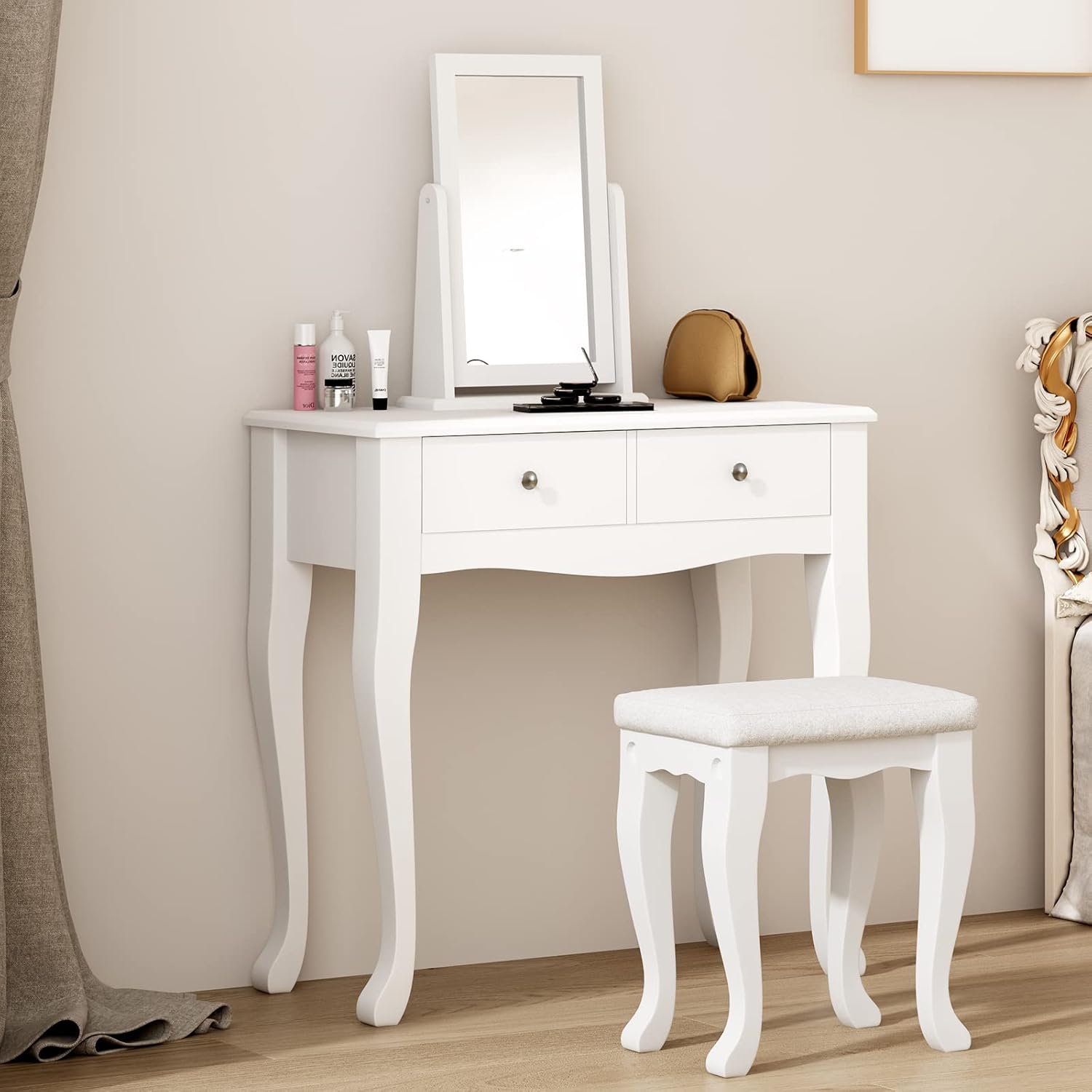 sogesfurniture Vanity Dressing Table Set Wooden Contemporary with 360° Pivoting Mirror and Stool, Multifunctional Makeup Dressing Table and with 2 Drawers, White