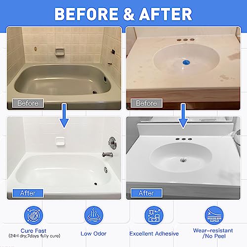 Tile Paint, Tub and Tile Refinishing Kit with Tools, Tub Refinishing Kit White Bathtub Paint Water Based &Low Odor, Easy to Use Sink Paint for Bathroom Kitchen, Semi-Gloss White, 25-30sq.ft