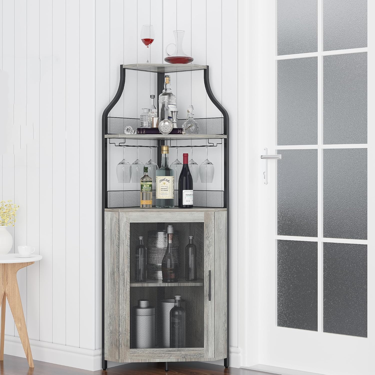Corner Wine Cabinet Corner Bar with Detachable Wine Rack and Glass Holder, Farmhouse Style Furniture Bar with Mesh Door, 18.5