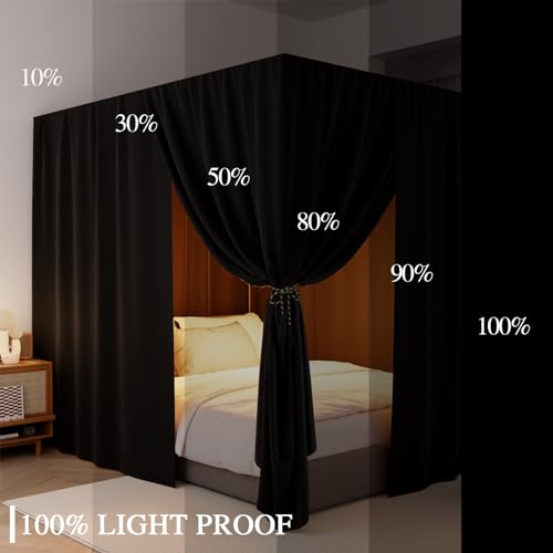 Black Canopy Bed Curtains - 4 Corner Post Bed Curtains Queen Lightproof Drapes Bed Canopy with Top Ties and Tie Backs for Adults & Girls Bedroom Decoration(Black,Queen)