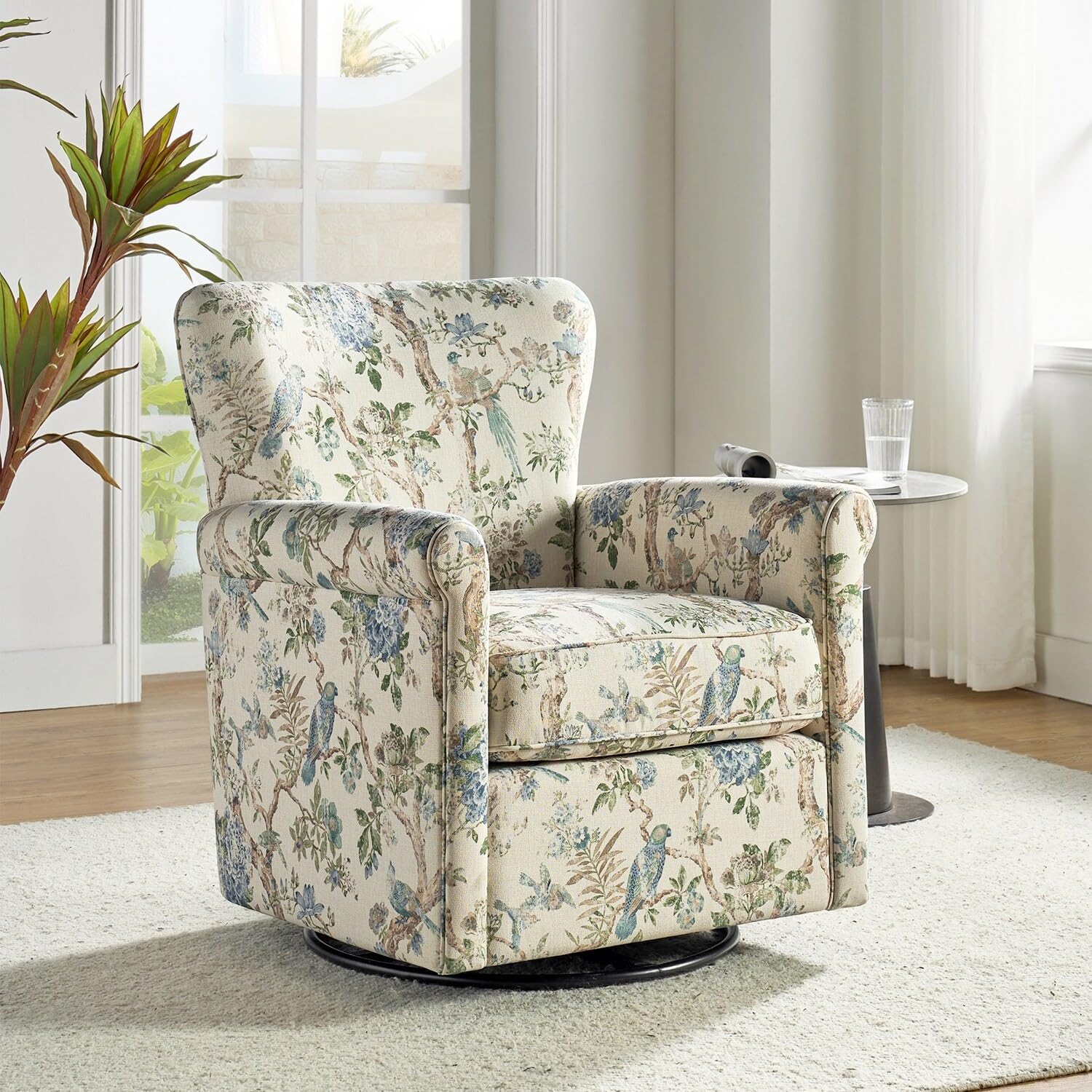 HULALA HOME Georg Comfortable Floral Fabric Swivel Rocker Chair with Rolled Armrest by Bird