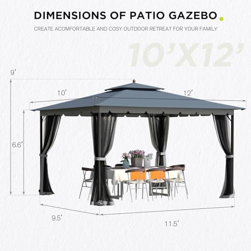 [Upgraded] 10x12 Gazebo with Mosquito Netting,Sturdy Metal Outdoor Patio Gazebo[Heavy Duty Frame],Canopy Tent with Dual Air Roof,Patio Canopy Tent,Waterproof/Wind Resistant for Garden Deck Poolside