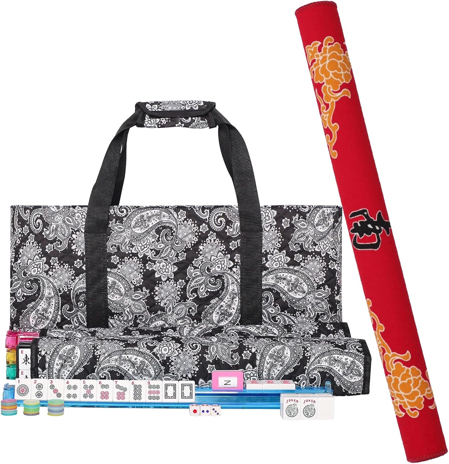 American Mahjong Game Set, 166 Quality White Tiles, 4 All-in-One Color Rack/Pushers, Complete Mahongg Tile Set Black Printed Carrying Bag,Mahjong Mat with 3 Dice (Red, 31.5 inches)