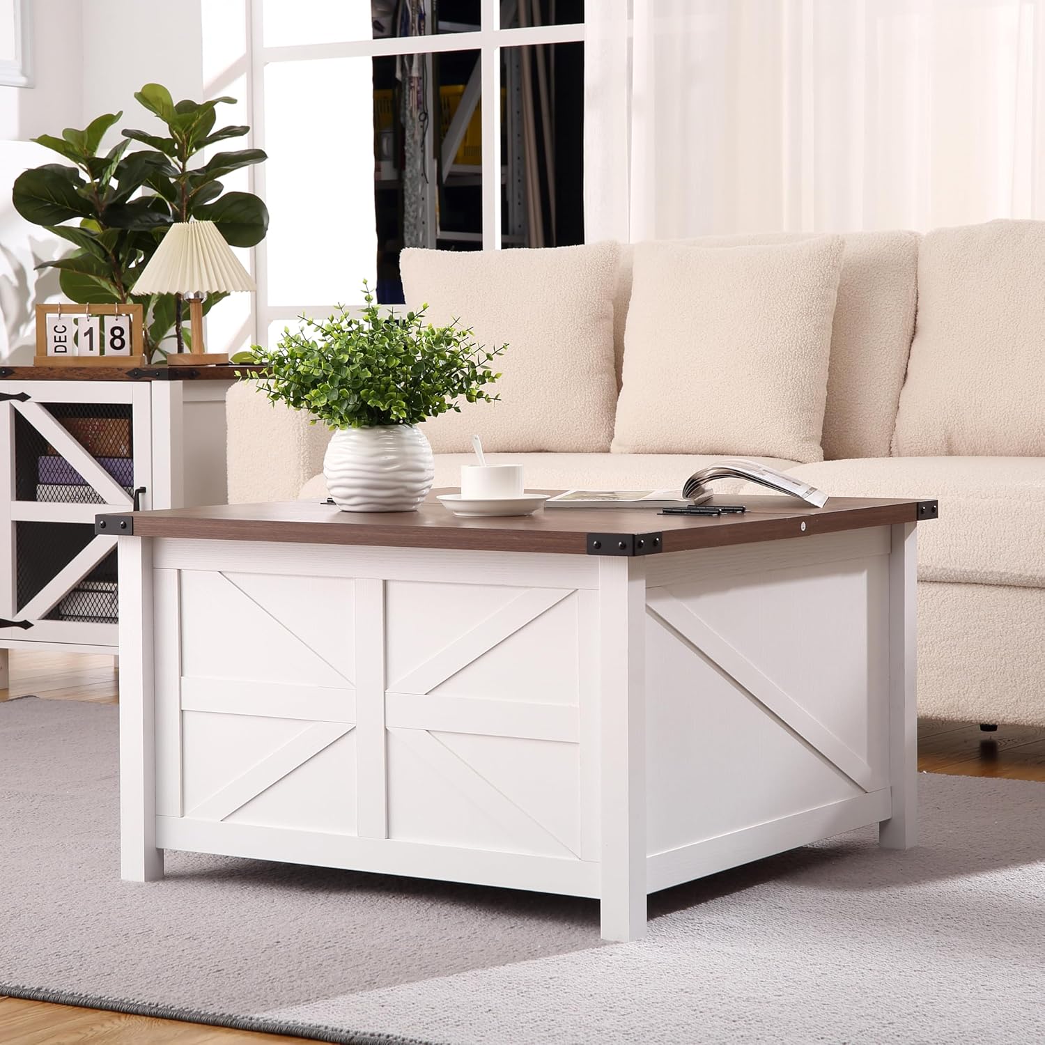 Farmhouse Square Coffee Table, Wood Center Table with Large Hidden Storage Compartment for Living Room, Rustic Cocktail Table with Hinged Lift Top for Living Room,Home Office