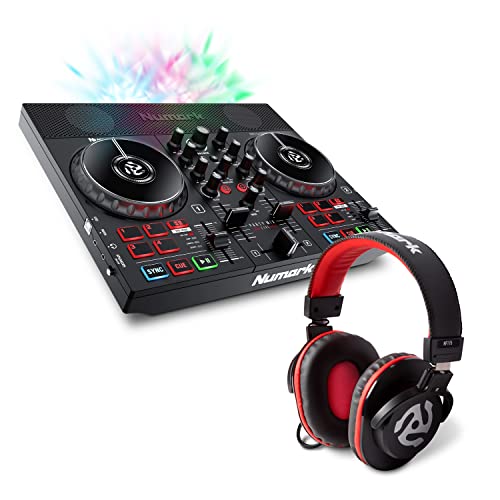 DJ Controller Bundle - USB DJ Set with Party Lights, 2 Decks, DJ Mixer, Audio Interface and DJ Headphones - Numark Party Mix II and HF175