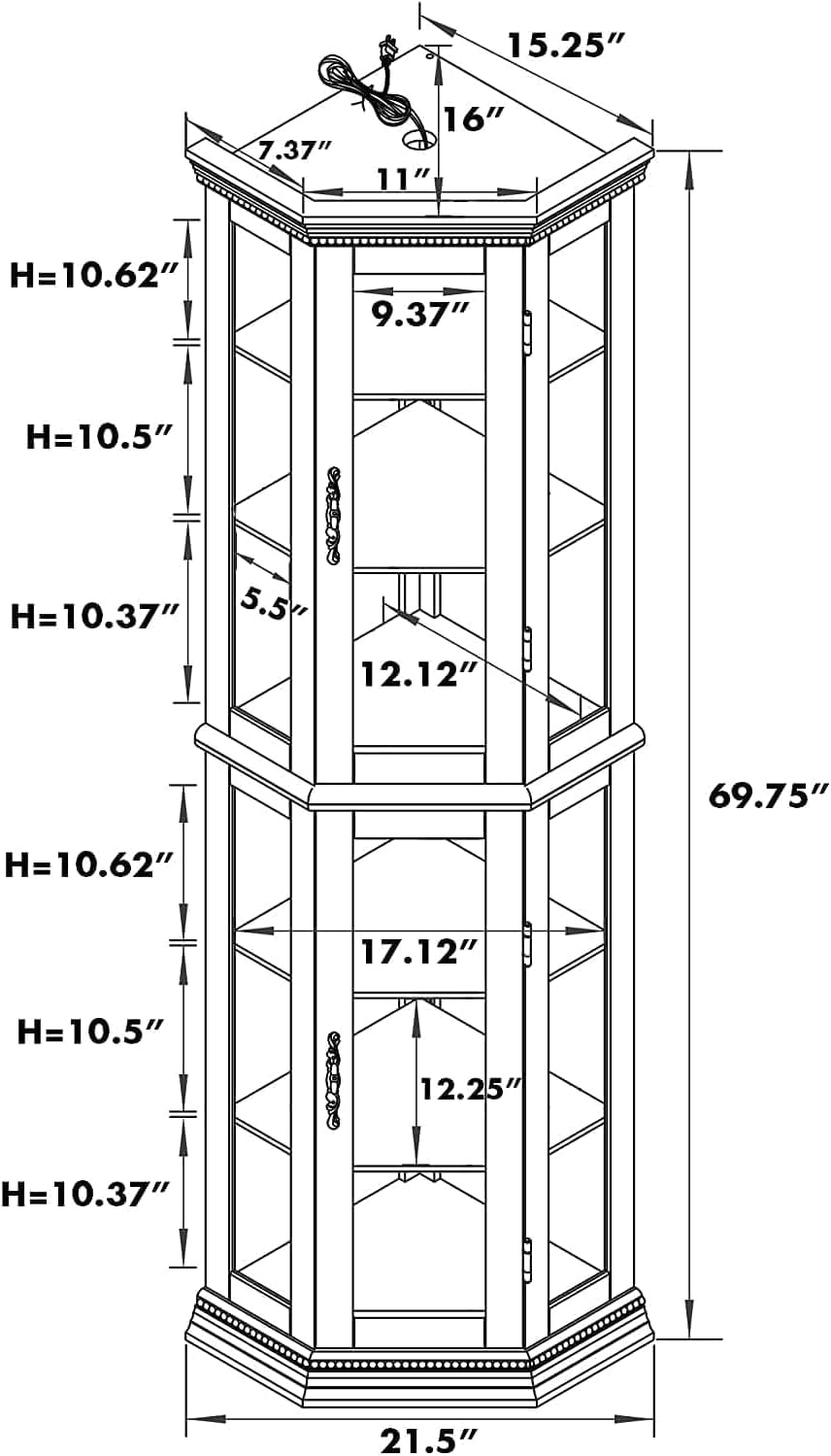 Corner Curio Cabinet with Lights, Adjustable Tempered Glass Shelves, Mirrored Back, Display Cabinet (Tall, Oak)