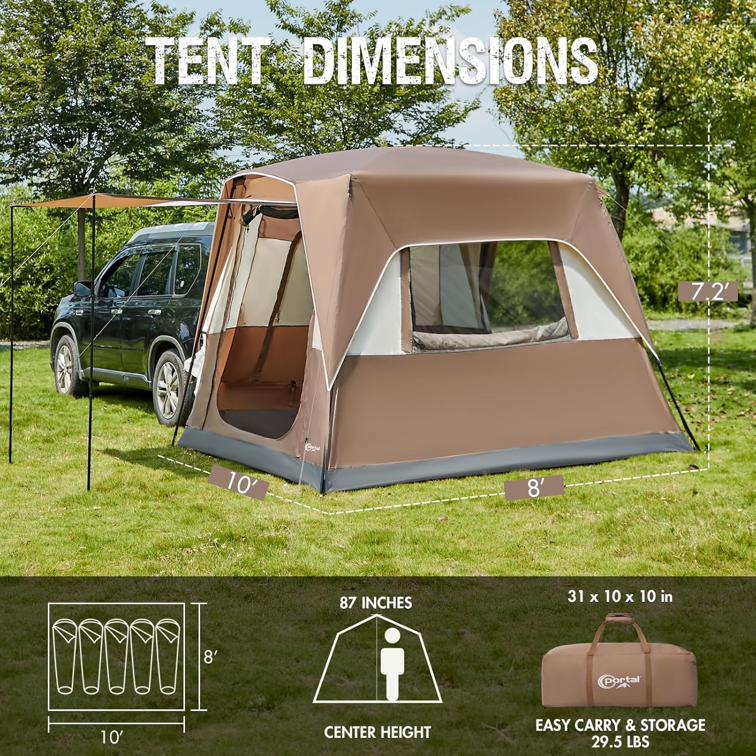 Portal 2-in-1 5 Person SUV Tent with Porch for Camping, Spacious Car Trunk Tent with 2 Doors for Travel Camp Outdoor Tailgate, Water Resistant and Windproof