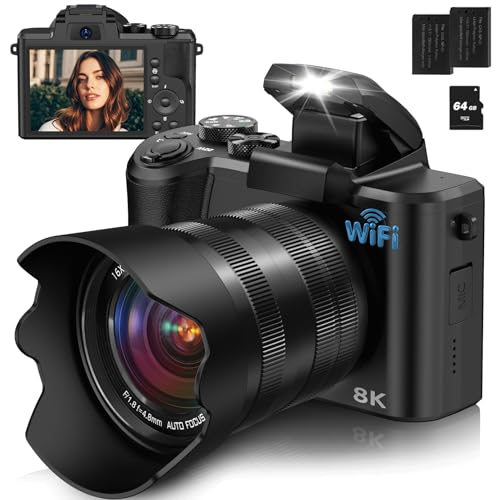 8K Digital Camera, 88MP Cameras for Photography with WiFi & Touch Screen, 16X Zoom Vlogging Camera for YouTube Video, Autofocus & Anti-Shake, Dual Camera, 2 Batteries, 64GB Card, Flash, Lens Hood
