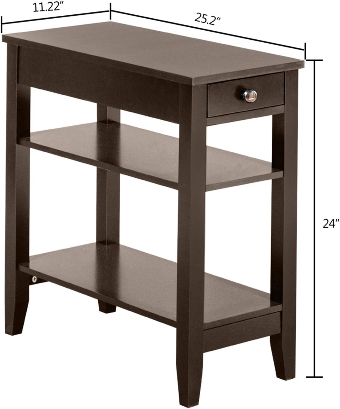 Brown End Table with Drawer, Narrow Side Table with 2-Tier Open Storage Shelves, Slim Side End Table Compact Nightstand Bedside Table for Living Room Bedroom Small Space 11.2