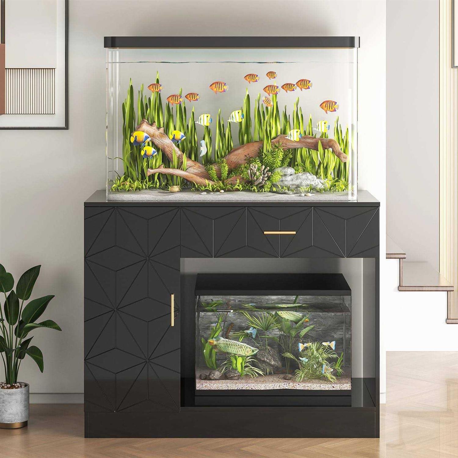 Saudism 40 Gallon Fish Tank Stand, 29-50 Gallon Aquarium Stand, Black Tank Stand, Fish Tank Table with Drawer and Cabinet, Sturdy and Durable - Pet Supplies online store