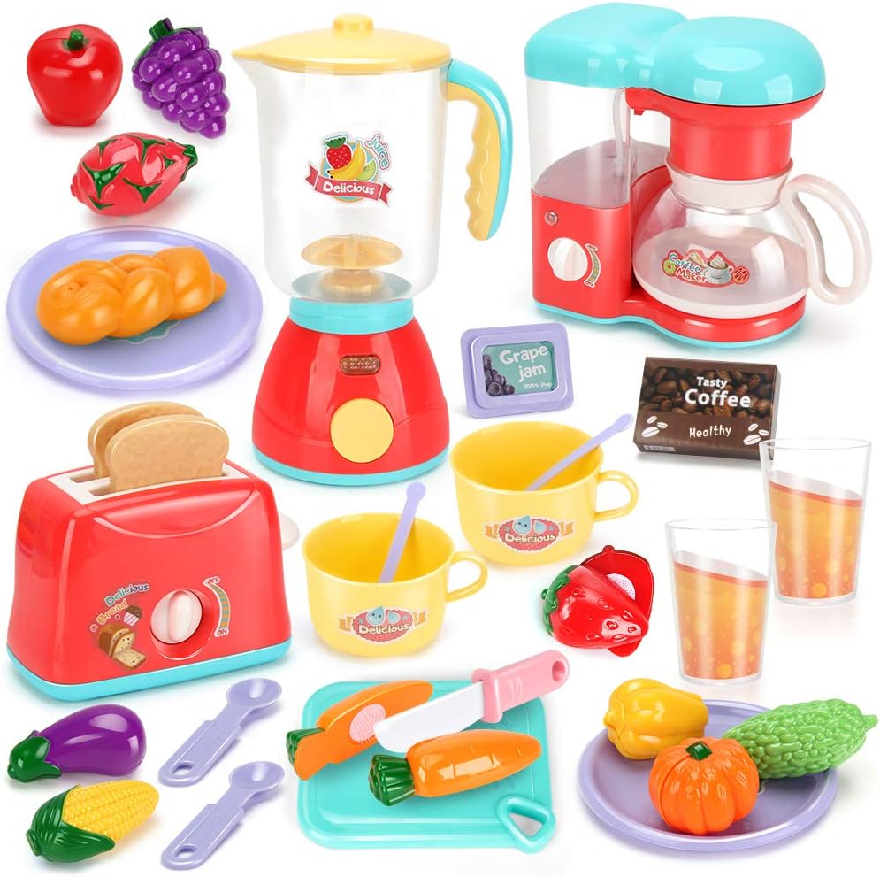 Kids Assorted Kitchen Appliance Toys, Pretend Kitchen Toy Set Includes Coffee Maker ,Blender and Toaster ,Cutting Play Food and Kitchen Utensils Accessories,Learning Gift for Toddlers Baby Girls Boys