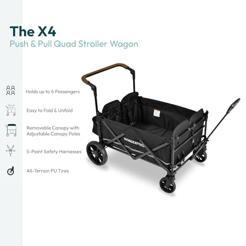 WONDERFOLD X4 Push & Pull Stroller Wagon (4 Seater) - Collapsible Wagon Stroller with Seats with 5-Point Harnesses, Adjustable Push Handle, and Sun Canopy, Navy