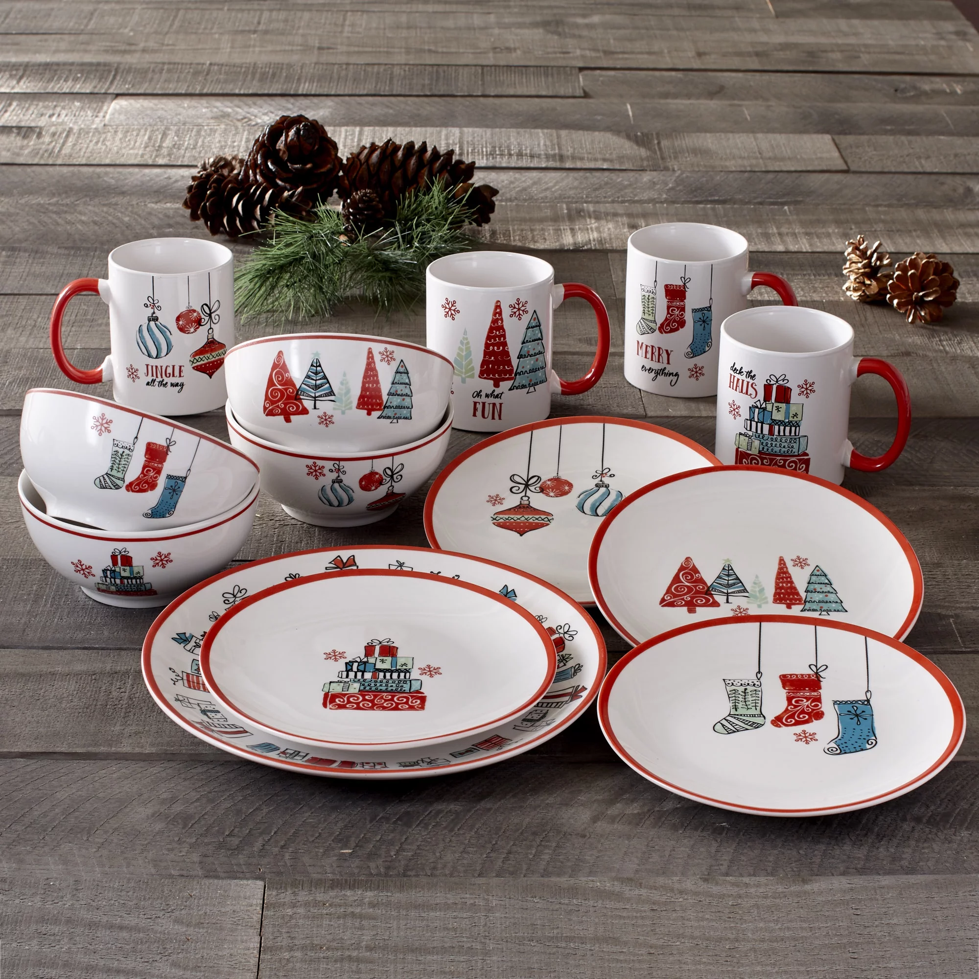 American Atelier, Round, Holiday Gift White Porcelain Christmas Dinnerware Set, 16-Piece