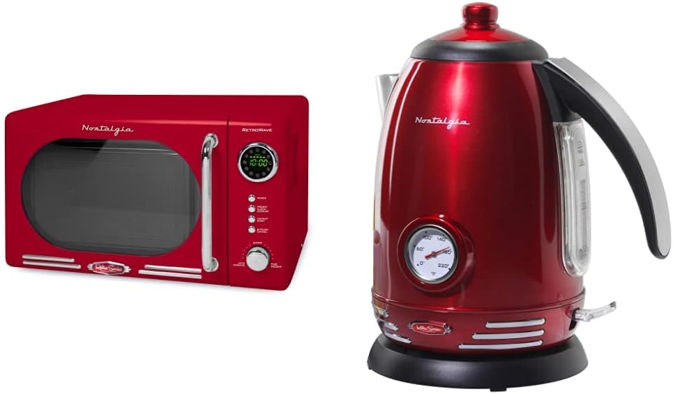 Nostalgia Retro Compact Countertop Microwave Oven - 0.7 Cu. Ft. - 700-Watts and Nostalgia Retro Stainless Steel Electric Tea And Water Kettle, 1.7 Liters