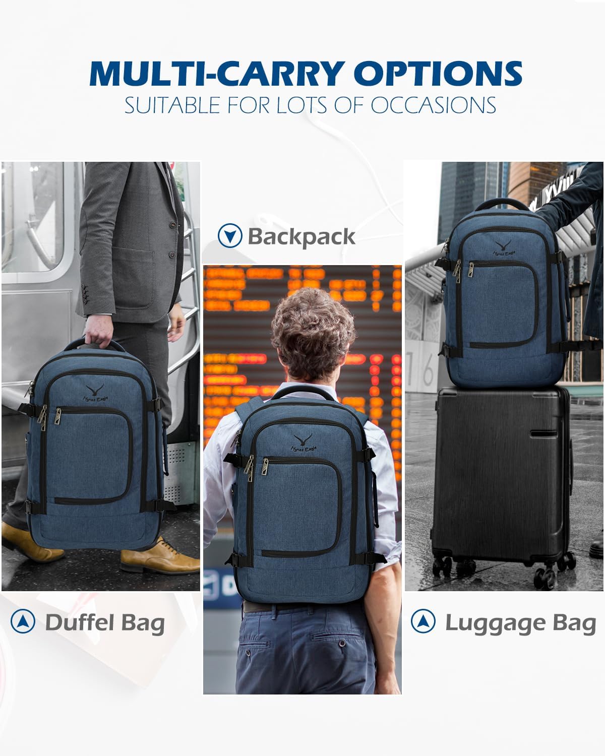 Hynes Eagle Travel Backpack 40L Flight Approved Carry on Backpack Men Large Cabin Weekender Laptop Backpack Women 15.6 inches Blue with Grey