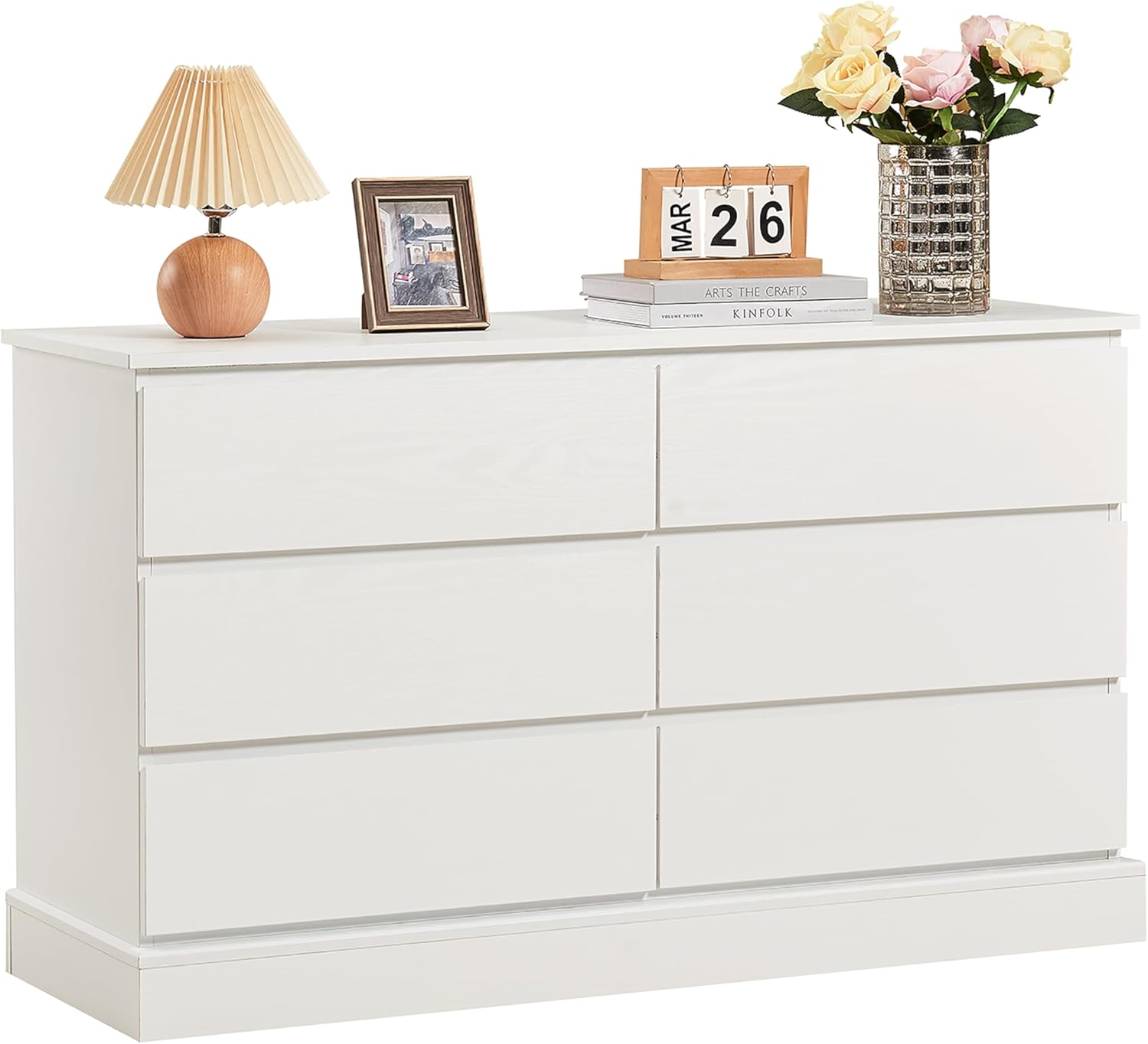 White Dresser with 6 Drawers, Modern Dresser, Nursery Dresser Organizer, Deep Chest of Drawers, Wood Dressers Storage for Bedroom, Living Room, Hallway, Entryway